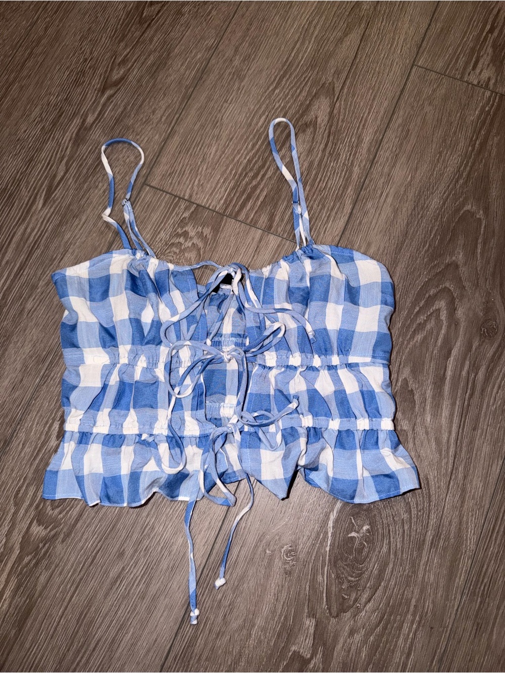 Cotton Candy Blue and White Gingham Tie-Front Crop Top